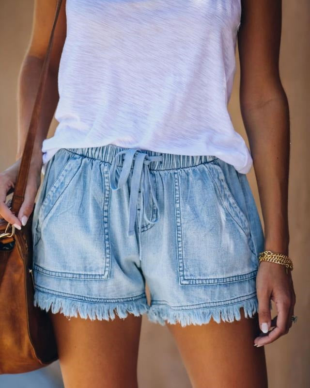 summer  new arrival  european and american foreign trade elastic waist drawstring casual high-waisted slimming denim shorts for women
