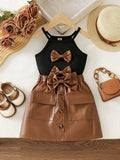 cross-border girls' fashion bowknot solid color camisole + pu leather skirt two-piece set