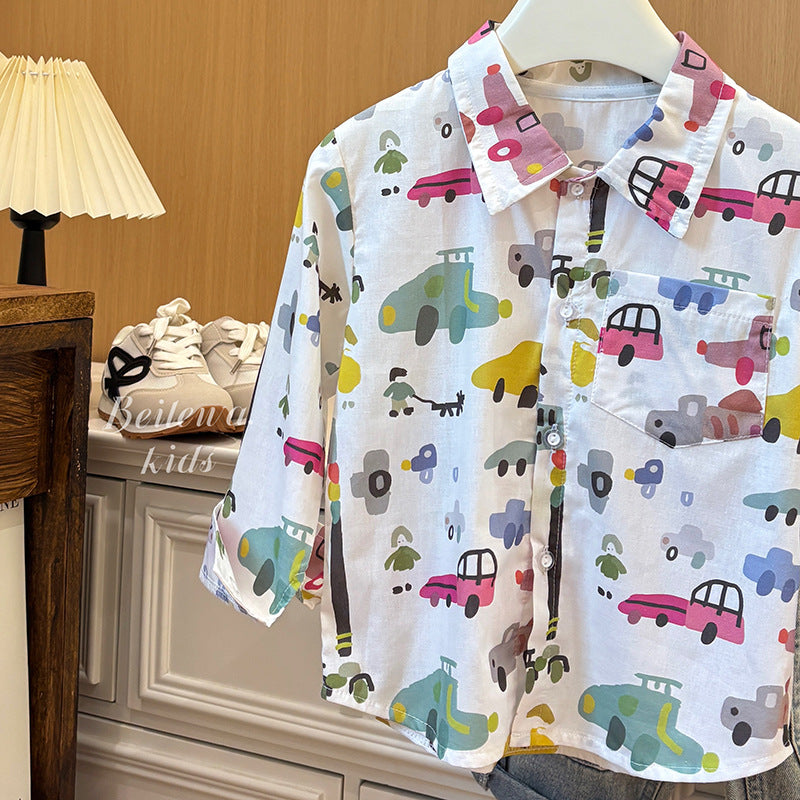 boys' spring/autumn casual top - new stylish cartoon print, trendy korean style, 100% cotton for toddlers and young children