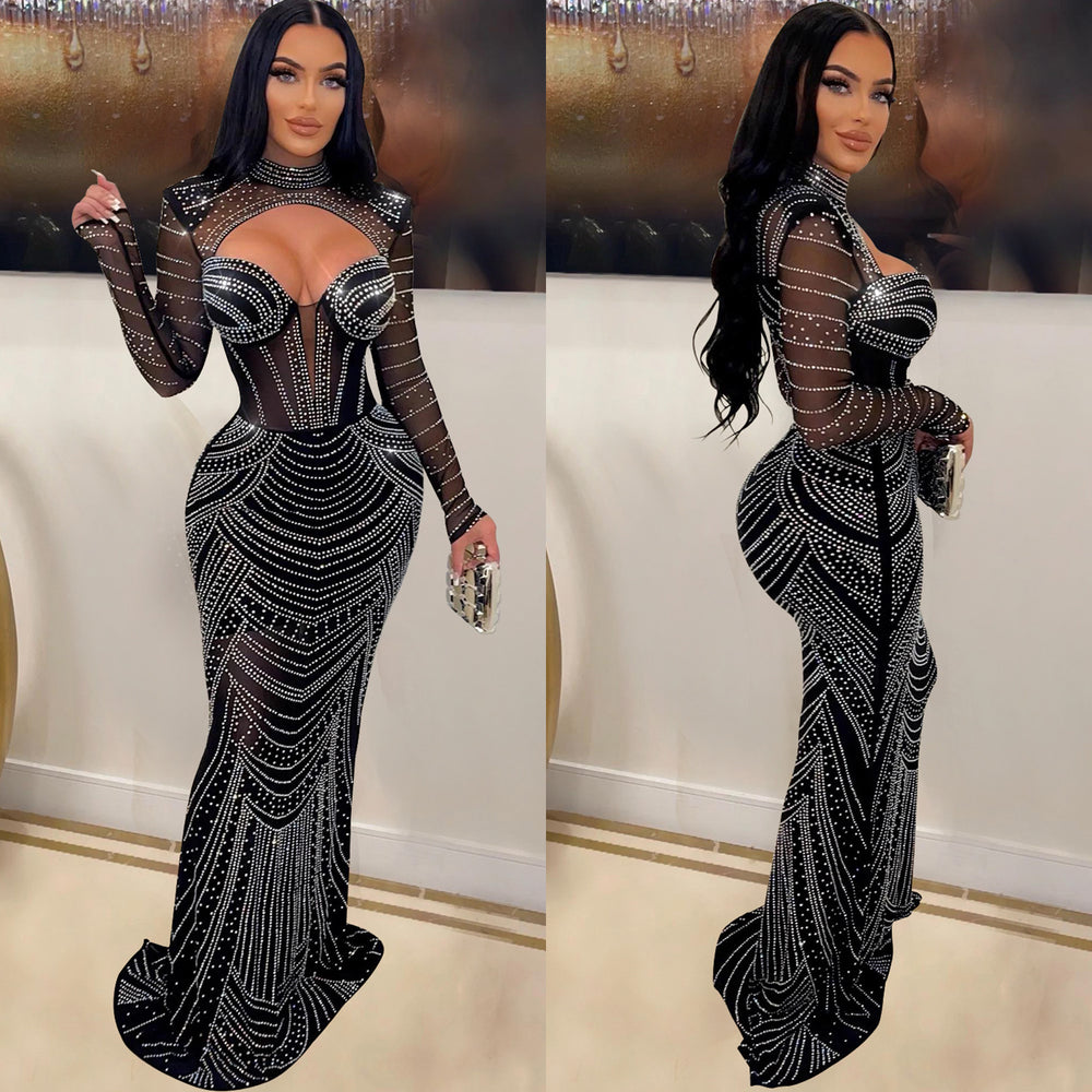 C6170 cross-border   fashion women's solid color hotfix rhinestone mesh long sleeve v-neck dress
