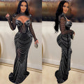 C6170 cross-border   fashion women's solid color hotfix rhinestone mesh long sleeve v-neck dress