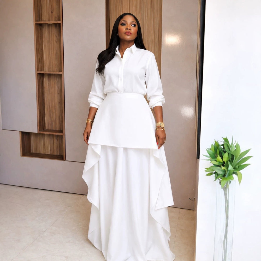 European and american women's clothing  autumn new collection: sweet and fresh turn-down collar long sleeve blouse with high-waisted midi skirt - fashionable casual set