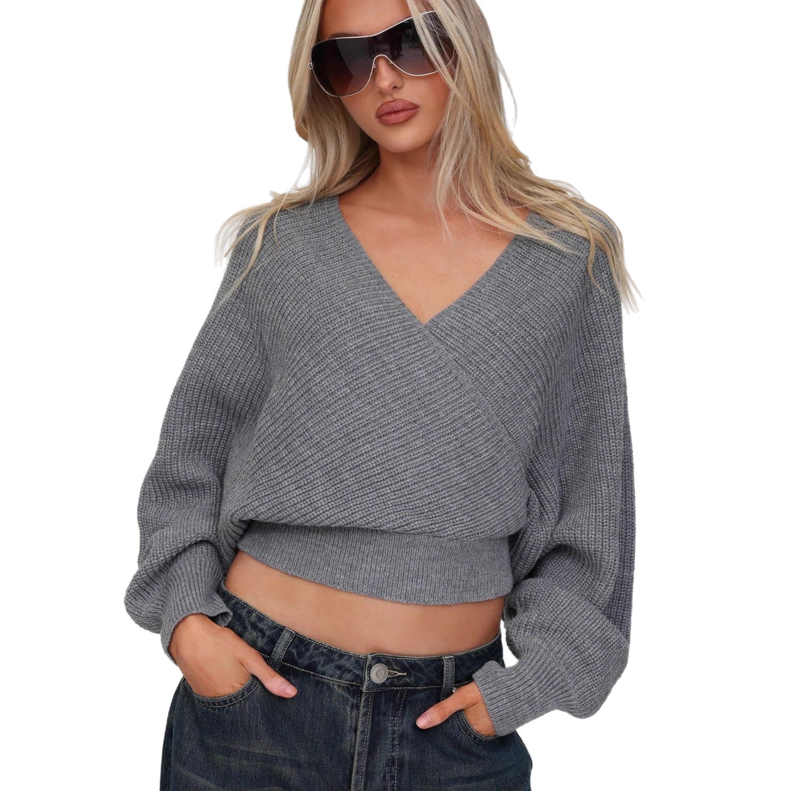 Cross-border Europe, America 2025 autumn and winter fashion casual women's clothing waist V-neck long-sleeved pullover inside and outside knitted sweater