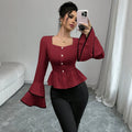 atmosphere burgundy shirt square collar single-breasted ruffle waist contrasting color hemmed large bell sleeves small top