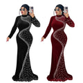 C7616 cross-border   fashion women's elegant velvet rhinestone dress