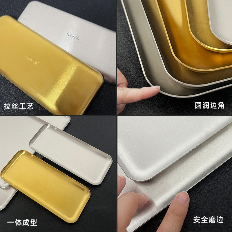 Custom korean style 304 stainless steel rectangular cafe tray cake plate commercial gold bbq plate flat plate