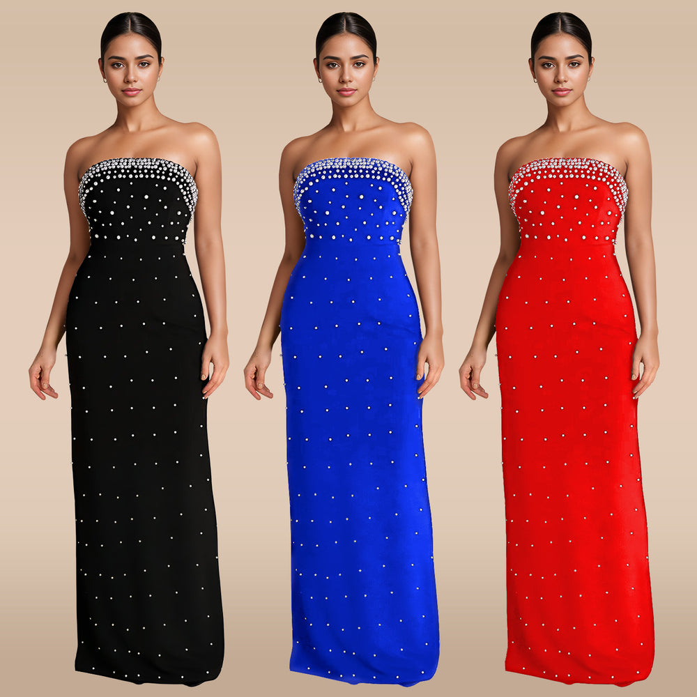 C7218 cross-border   fashion women's bandeau sexy beaded slit backless dress