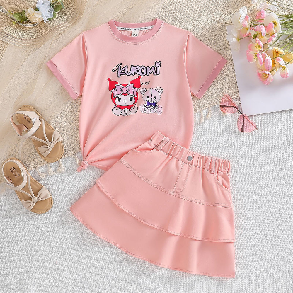 Girls' summer dress short-sleeve skirt set  new trendy popular kuromi children's skirt two-piece outfit
