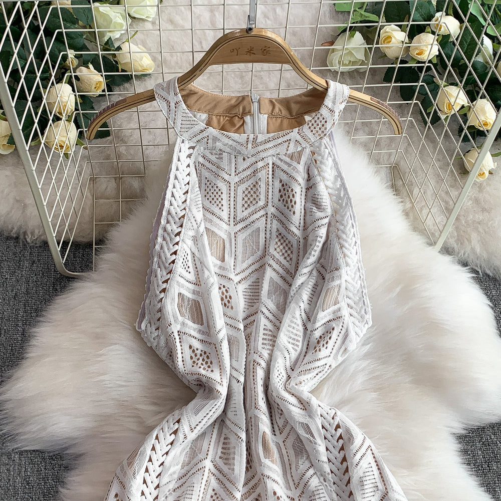 European and american fashion hollow-out lace round neck sleeveless dress - women's summer high-waisted slimming beach vacation style sundress