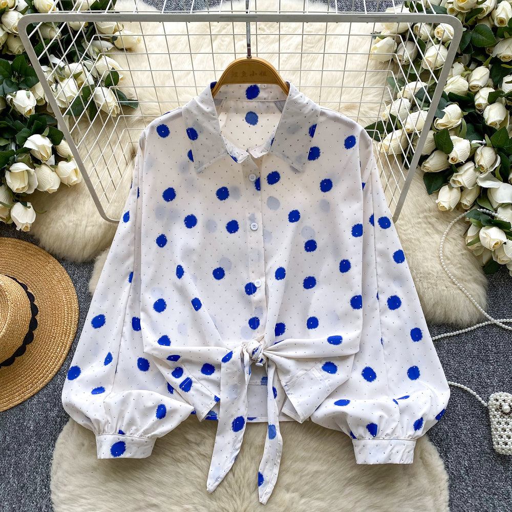 Light mature style strappy waist lantern sleeves polka dot hot diamond shirt women's autumlooseslimming lookcasual women's tops