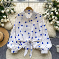 Light mature style strappy waist lantern sleeves polka dot hot diamond shirt women's autumlooseslimming lookcasual women's tops