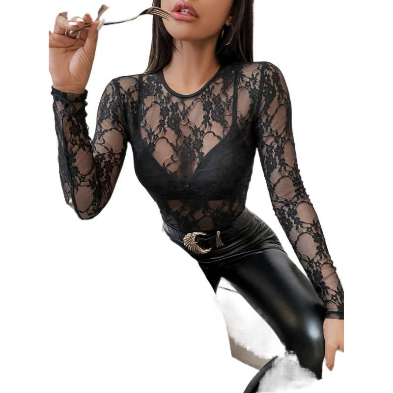 European and american cross-border  new arrival: elegant single-layer lace bralette slim-fit round neck long sleeve top