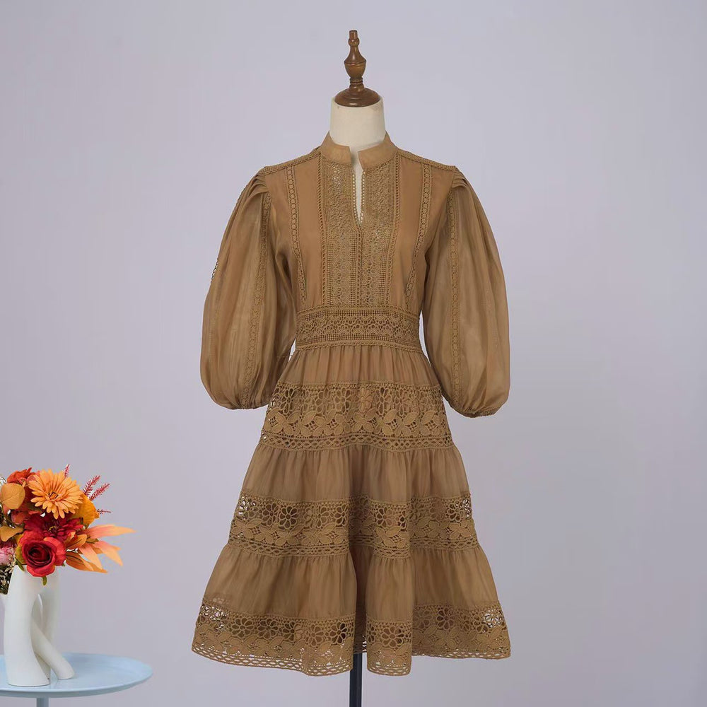 export solid color organza dress with semi-open collar, lantern sleeves, mid-sleeve, lace patchwork, and cinched waist mini dress