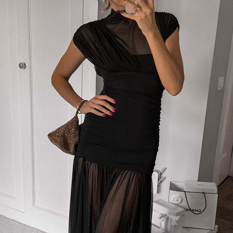Amazon cross-border fashion women's winter new sexy waist-cinching patchwork mesh bodycon maxi dress