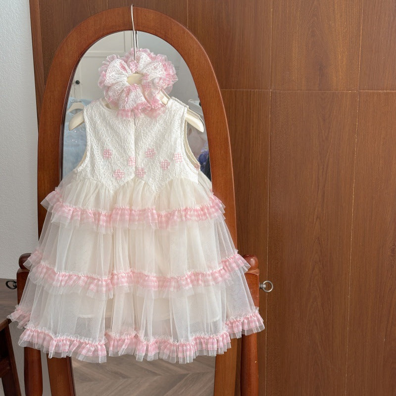 Girls' summer  new fashionable tutu dress, kids' summer sweet princess dress with hair tie, baby girl skirt