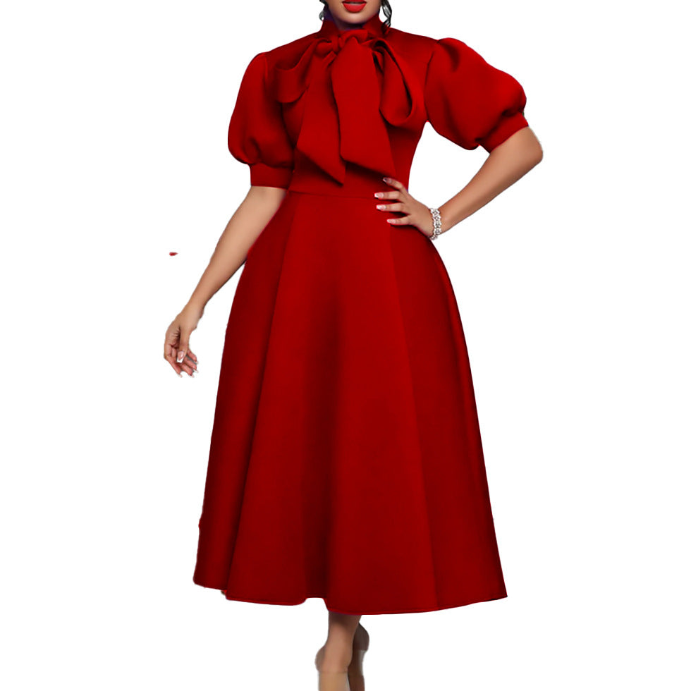 C8481 european and american style women's clothing  new arrival: elegant tie-up bow midi dress - african export