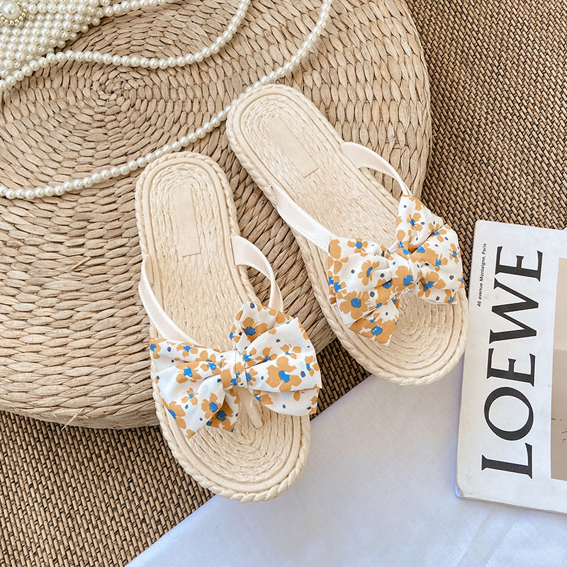 Soft bottom flip-flops for women, summer small floral bows flip-flops, non-slip flats indoor home sandals for women