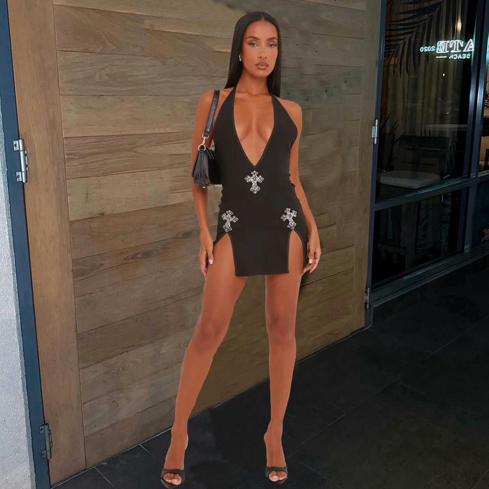 9964DHD  popular 2024 summer new product lace-up halter split deep V hot drill European and American dress women