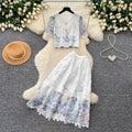 High-end, chic, and luxurious two-piece set:  summer new arrival - embroidered water-soluble lace top and high-waisted midi skirt for women