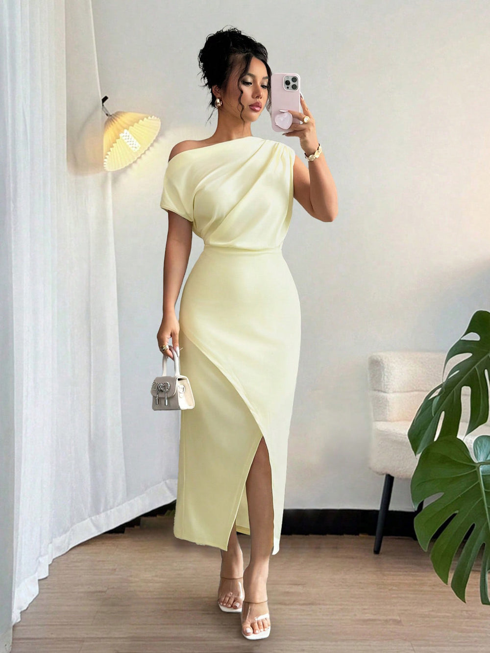 fashionsummernew arrival off-white oblique shoulder twist dress waist slit elegant mid-length dress