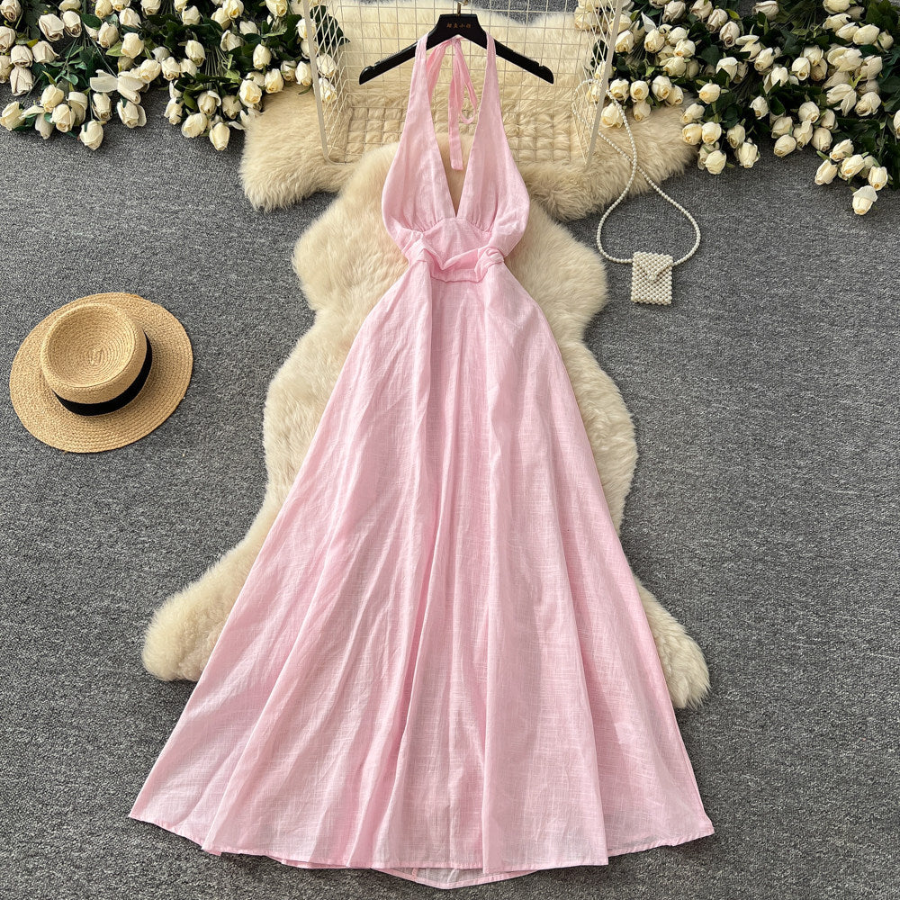 Vacation style halter pure desire dress women's spring and summer yellow a-line skirt high waist waist atmosphere fairy skirt