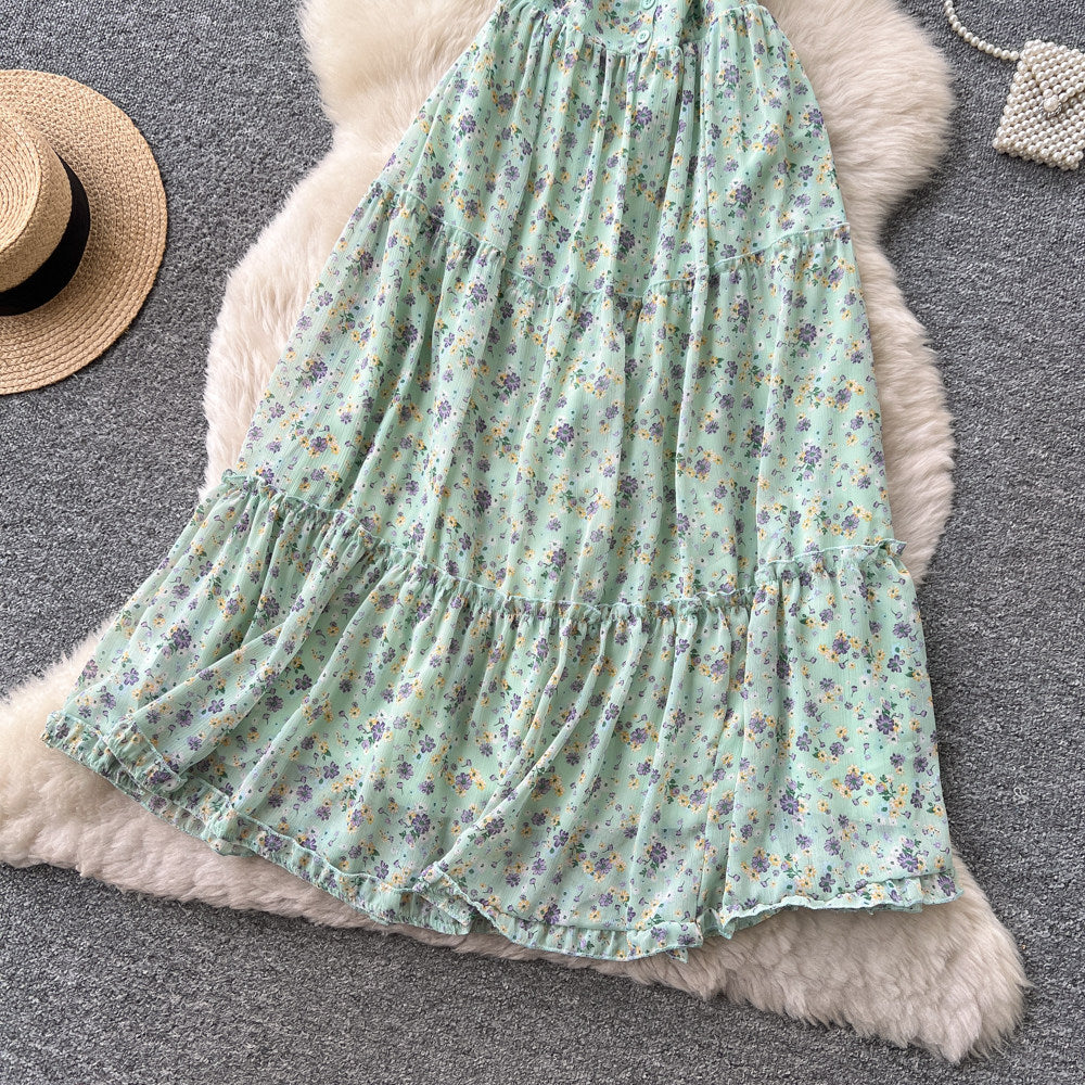 French sweet floral print cami dress - women's summer mint green lace trim, slim fit, vacation maxi dress