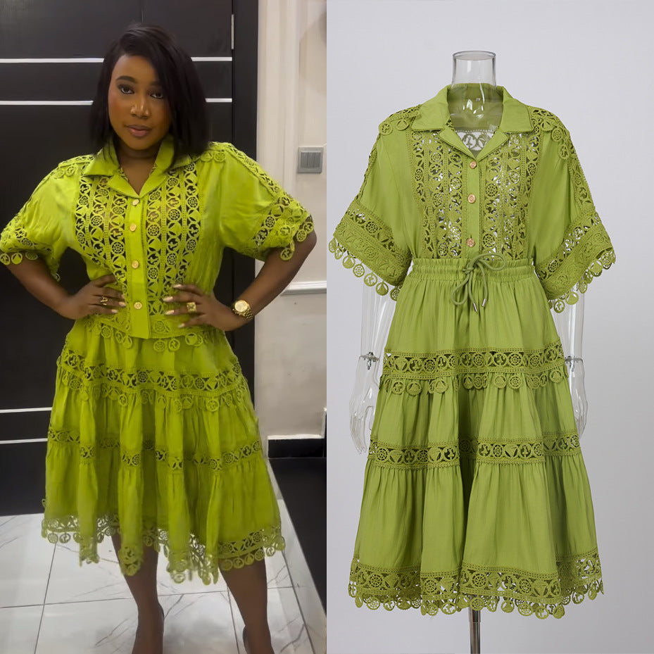 Fashionexportfrench palace style lacecut out crochet shorttopshigh waistlacepatchwork skirtsuit