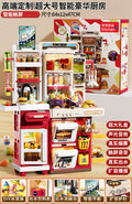 Kids' kitchen simulation playset with touchscreen functionality: cooking station, refrigerator, burgers, desserts – pretend play for boys and girls