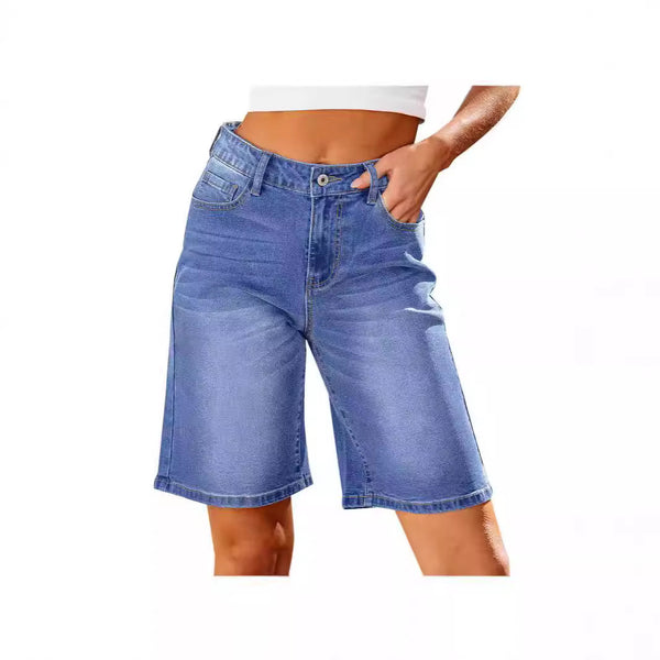 WISH European and American   summer new  independent station washed elastic waist denim cropped pants women's tide