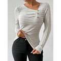 women's asymmetrical neck ruched knit cropped top - long sleeve button detail slim fit casual blouse