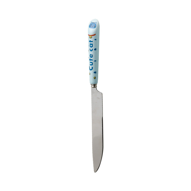 Cartoon stainless steel cutlery set: cute kids' forks with stylish ceramic handles, exquisite dessert spoons, and serving spoons