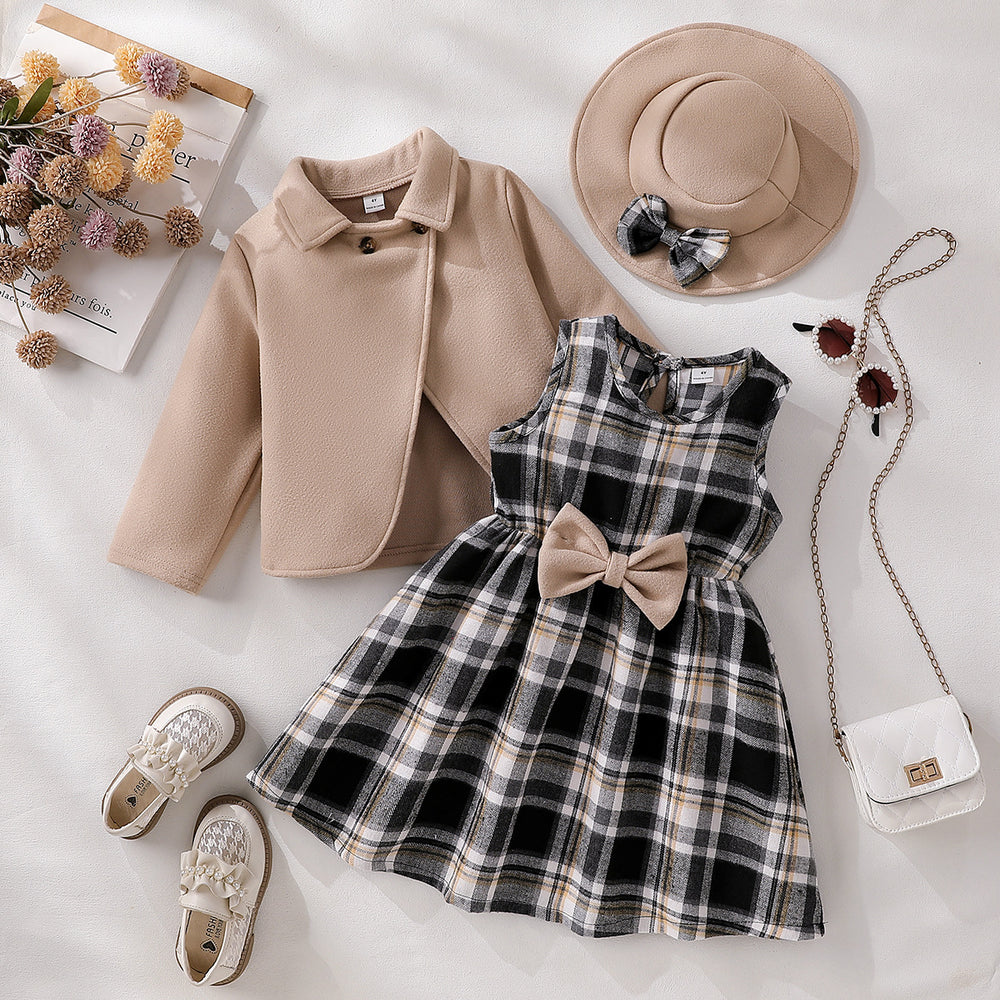 exclusive supply of elegance woolen outwear + plaid a-skirt + bow hat fall and wintergirlsuit three-piece set