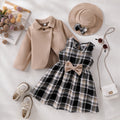 exclusive supply of elegance woolen outwear + plaid a-skirt + bow hat fall and wintergirlsuit three-piece set