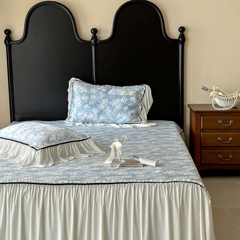 Summer French Class A Cool Silk Mat Three-piece Bed Skirt Princess Ice Silk Jacquard Air Conditioning Soft Mat Washable