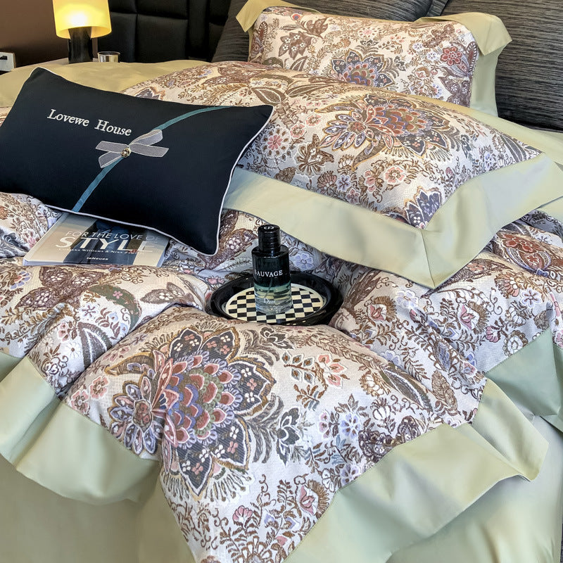 Spring and summer light luxury high-end 100s long-staple cotton printed bed four-piece set pure cotton wide-edge quilt cover cotton bed sheet 4