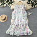 French chic white floral long sleeve dress - women's summer ruffle trim high waist, elegant, age-defying, vacation style