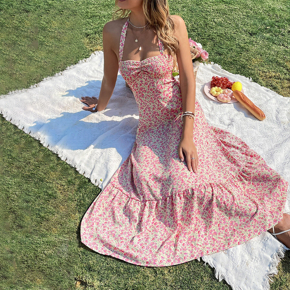 European and American   sexy wind neck sleeveless dress high waist backless pullover A word floral long dress women