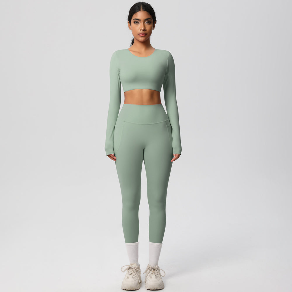 nude feeling tight high waistflap pocket pants crop toplong sleevestops yoga clothes quick-drying running sports fitness suit