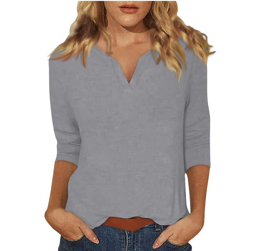 cross-border women's v-neck 3/4 sleeve solid color t-shirt top