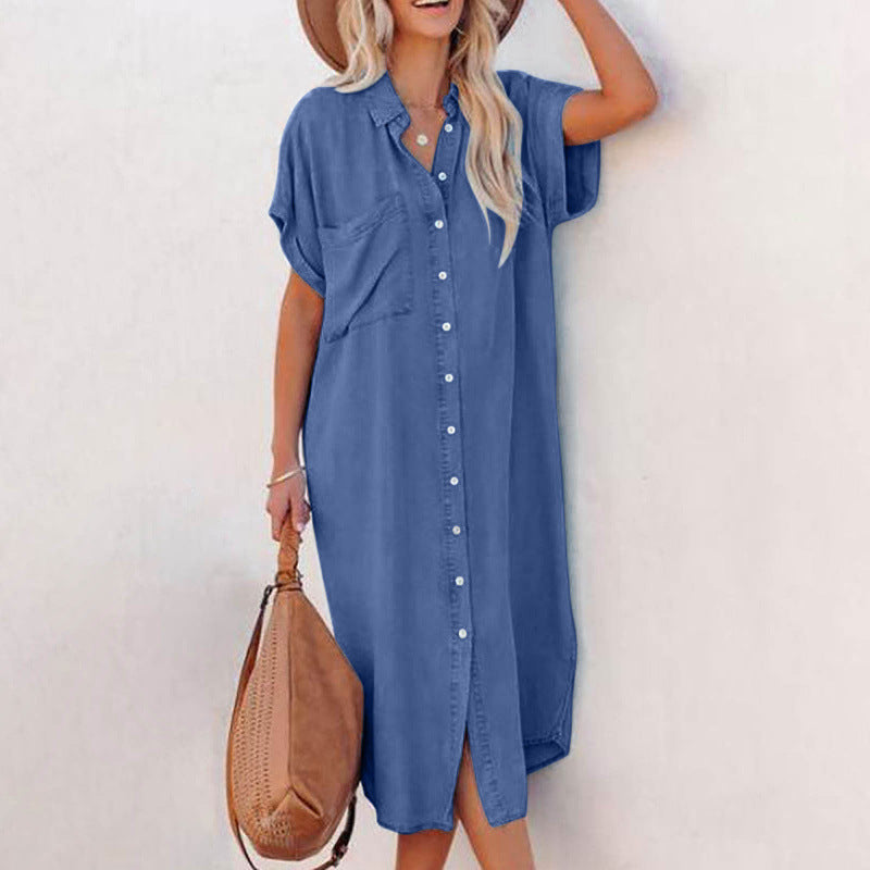 Aliexpress new arrival: european and american fashion solid color denim short-sleeve long slit shirt dress