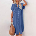 Aliexpress new arrival: european and american fashion solid color denim short-sleeve long slit shirt dress