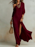 summer european and american cross-border independent station new arrivalelegancelong sleevesknitting pleated slit women's dress