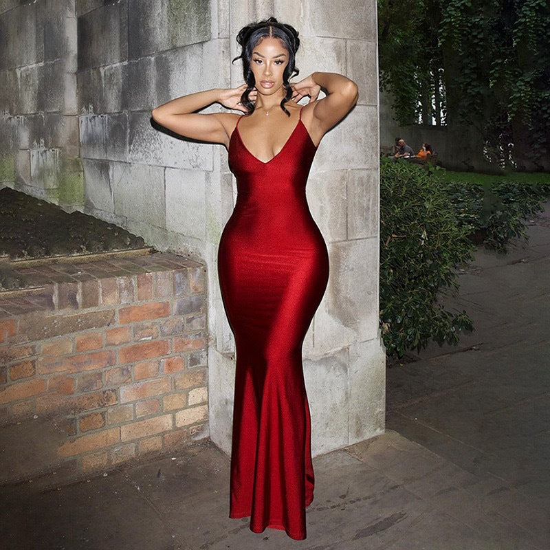 foreign trade hot-selling red dress, deep v sexy backless suspender fishtail dress wholesale