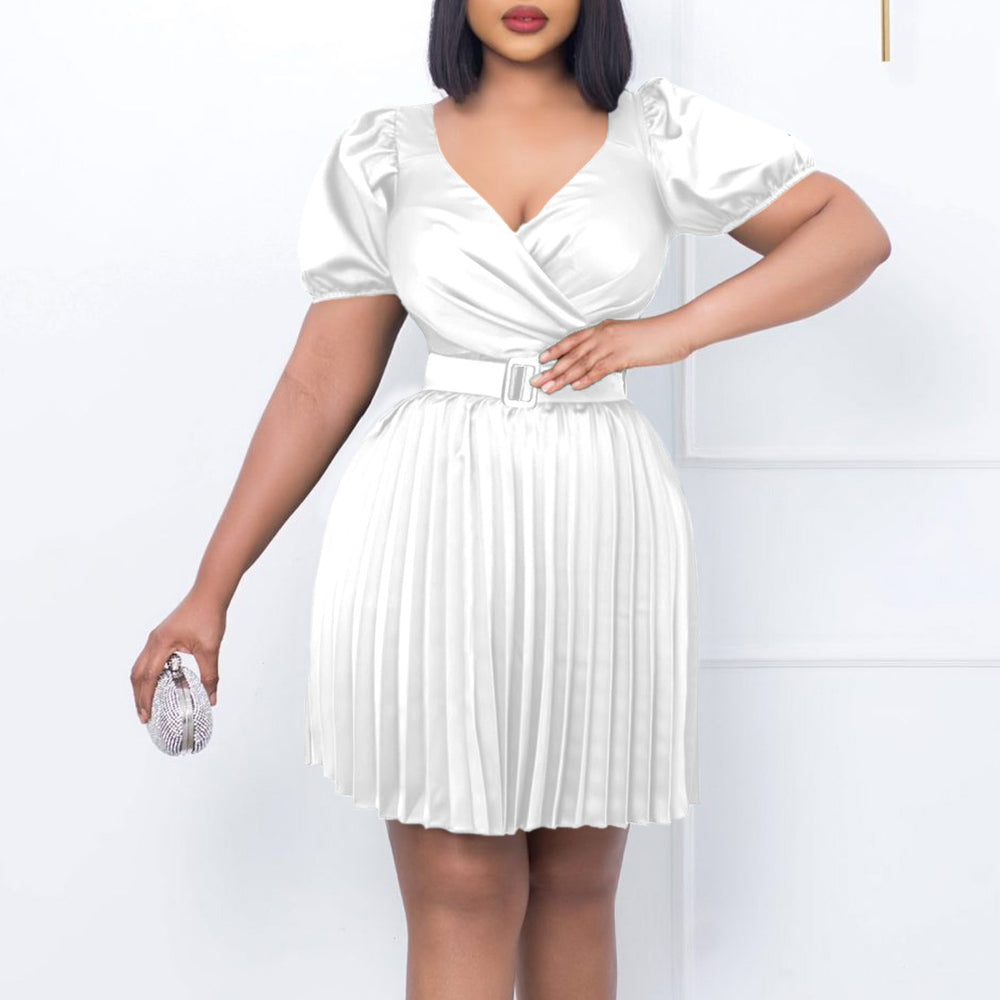 D3227  independent station cross-border fashion women's summer new v-neck waist pleated european and american dress
