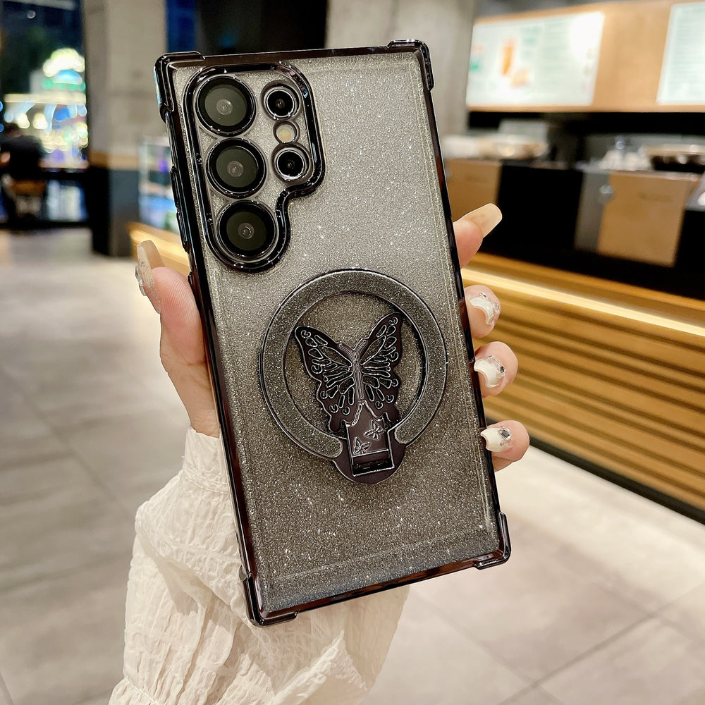 Samsung s25u butterfly glitter stand magnetic phone case, compatible with s26p, four-corner airbag anti-drop a07 protective cover