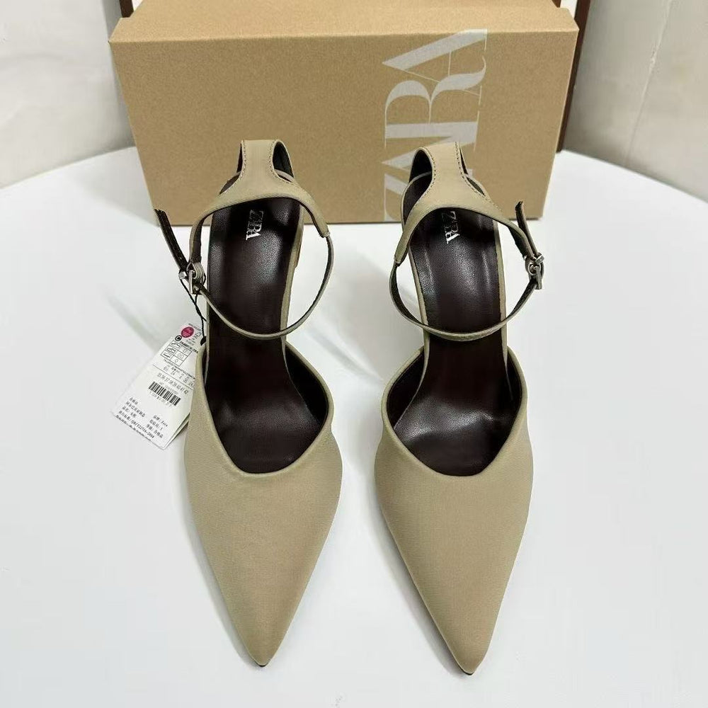 Za25 baotou sandals women's pointed toe shoes springnew arrival women's shoes thin heels black high heels elegant muleflats