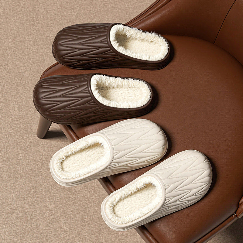 Pleated cotton slippers women's 2025 new autumn/winter indoor couple home waterproof warm fleece-lined cotton slippers