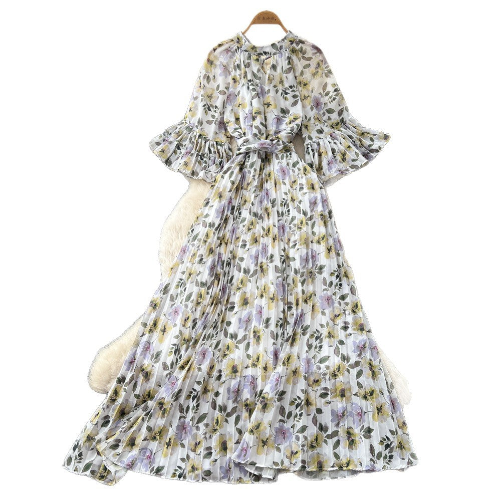 French chic floral print loose-fit dress - women's summer long sleeve a-line maxi dress - elegant and flattering, perfect for a sophisticated look