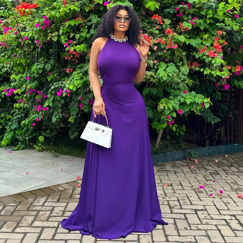 European and american cross-border women's fashion:  summer new arrival - sexy and elegant round neck purple cinched waist sleeveless maxi dress