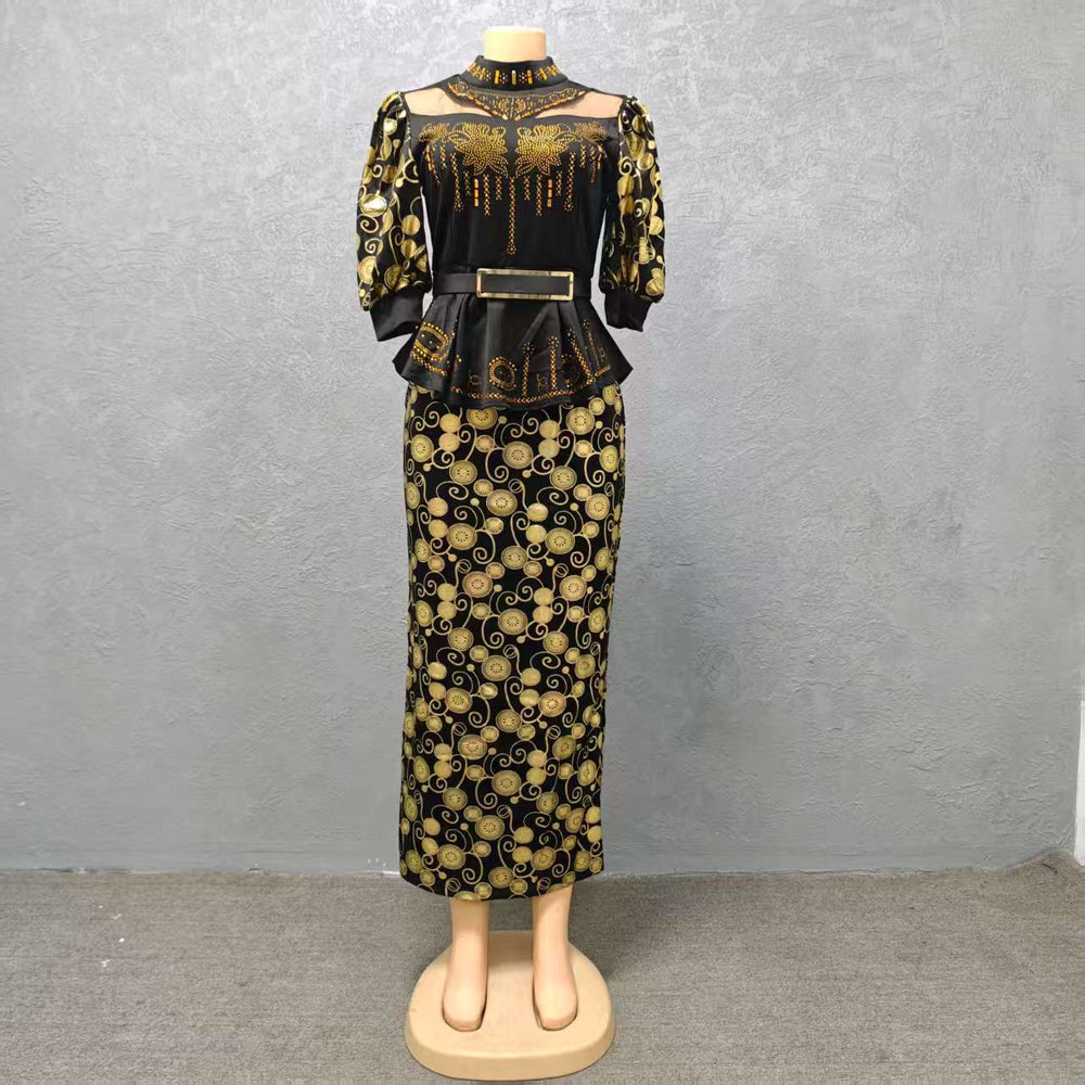 Plus size fashion solid color women's new african hot stamping rhinestone print set cross-border cinched waist dress